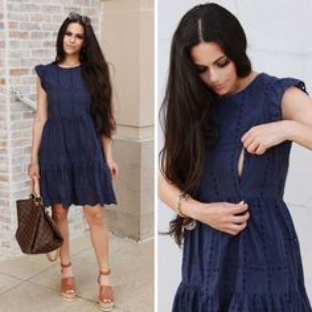 Nursing Queen | Navy Eyelet Breastfeeding Zipper Swing Mini Dress | XXS